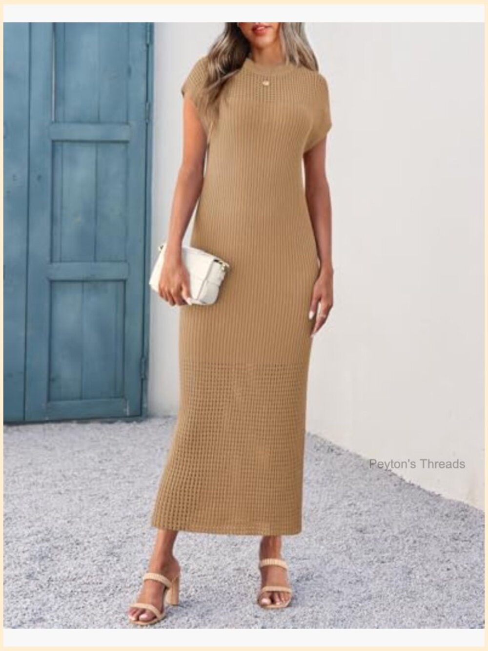 Ribbed Knit Dress Cap Sleeve Crewneck Maxi Casual Summer Beach Vacation - Picture 4 of 7